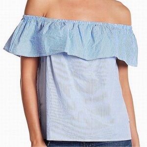Lucky Brand Blue & White Stripe Off The Shoulder Ruffle Top Cotton Large